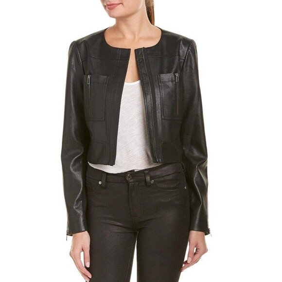 BCBG Maxazria Faux Leather Jacket Womens XS  Black Cropped Leony City Biker Crop - Picture 1 of 14